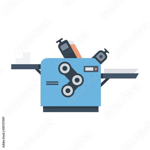 Illustration of a paper shredder with paper and bottles being shredded.