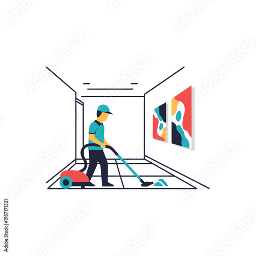 Person vacuuming a room with abstract artwork on the wall.