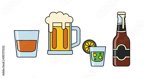 Illustration of various alcoholic beverages including whiskey, beer, cocktail, and soda.