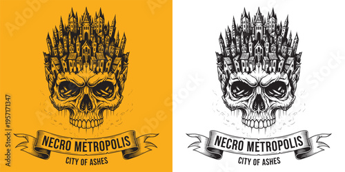 Gothic Skull Necro Metropolis City of Ashes Engraving Illustration