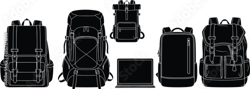 Backpack silhouettes, laptop icon, travel gear, school bags, hiking packs, buckle straps, tech accessory, black shapes, utility design