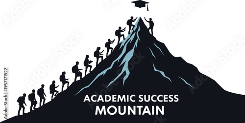 Silhouette of students climbing academic success mountain toward graduation cap, black and white vector illustration symbolizing education, growth, perseverance, and achievement concepts