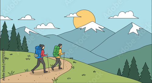 Two hikers with backpacks and trekking poles walking on a mountain trail.