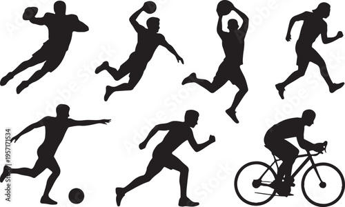 Silhouettes of diverse people running and cycling in black jogging isolated on white background