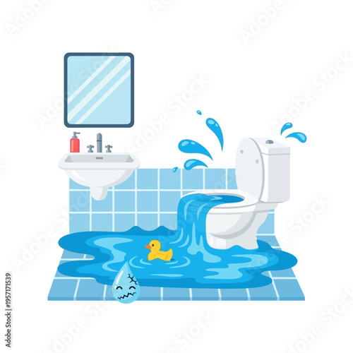 Toilet overflowing with water, causing a flood in the bathroom.