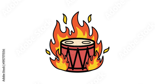 Drum surrounded by flames with stylized flames and a simple drum illustration.