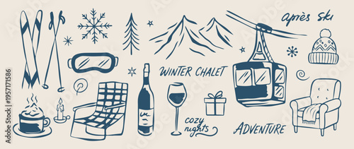 Winter chalet escape, mountain cabin adventure, cozy winter nights, snowy vacation icons, alpine lifestyle sketches, winter holiday illustration, mountain resort symbols.
