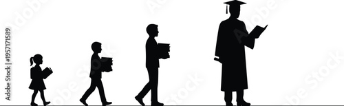 Silhouette progression of students from childhood to graduation, black and white vector illustration symbolizing education, growth, knowledge, achievement, and academic success concepts