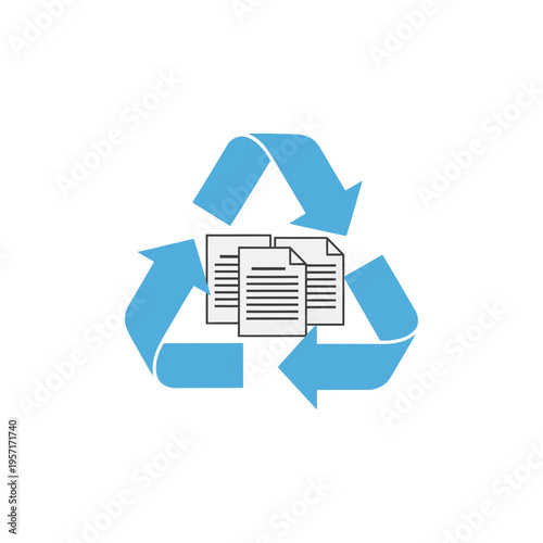 Recycling symbol surrounding documents representing document recycling or data management.