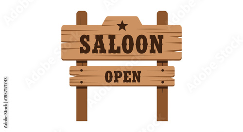 Wooden saloon sign with "Saloon" and "Open" text.