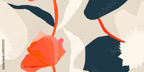 Beautiful minimalist flowers pattern. Botanical contemporary seamless pattern. Hand drawn unique print.
