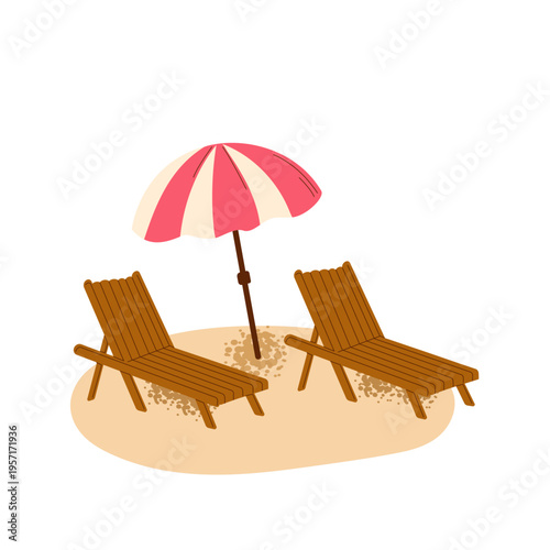 Summer scene with two wooden deck chairs and a striped pink umbrella on sand. Composition for travel, vacation, and leisure designs.