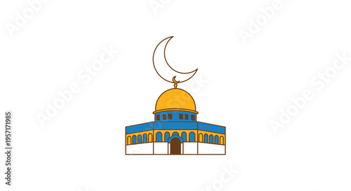 Illustration of a mosque with a crescent moon on top.