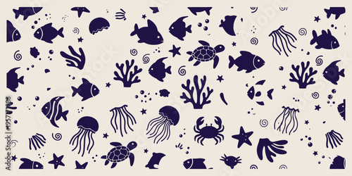 Underwater sea life, marine animal pattern, ocean fish doodles, coral reef illustration, jellyfish turtle sketches, sea creature wallpaper, nautical seamless design.
