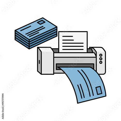 Illustration of a printer printing a document with a stack of paper beside it.