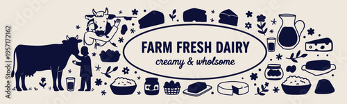 Farm fresh dairy, creamy and wholesome, organic milk products, farm production labels, dairy farm icons, healthy milk illustration, rustic farm branding.
