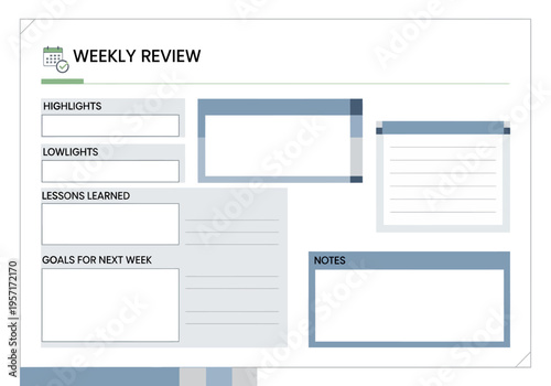 A weekly review template with notes and goals on a paper