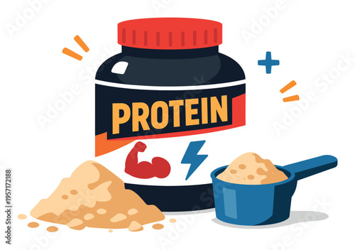Protein powder jar next to a scoop with powder and pile on a white background, symbolizing muscle building and fitness