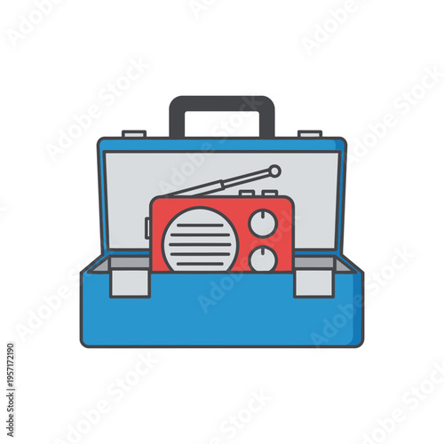 Portable radio inside an open blue carrying case with handle.