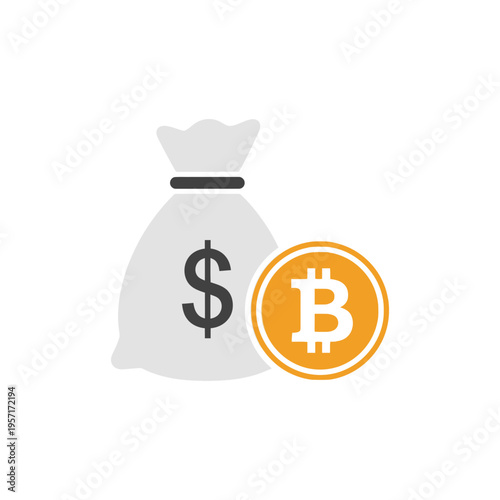 Bag with dollar sign and Bitcoin symbol representing digital currency and finance.