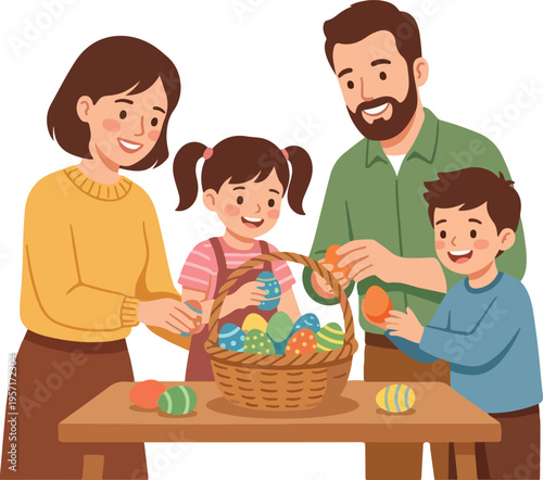 happy family vector arranging easter eggs in basket
