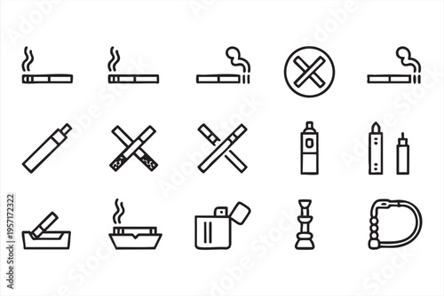 Cigarette Vape and Hookah Icon Collection for Tobacco and Addiction Concepts