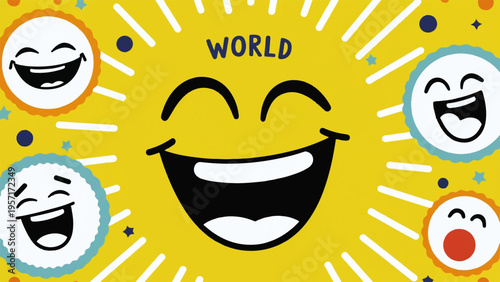 Vibrant smiley faces with world text on yellow background with white lines and dots conveying happiness and joy globally