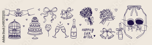 Wedding celebration bells, romantic bouquet flowers, happily ever after, marriage ceremony icons, wedding toast champagne, romantic celebration doodles, bridal flowers illustration.