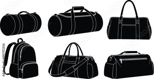 Duffel bag silhouettes, travel gear, gym bags, backpack icon, handle styles, compartment design, black shapes, utility accessories, luggage icons