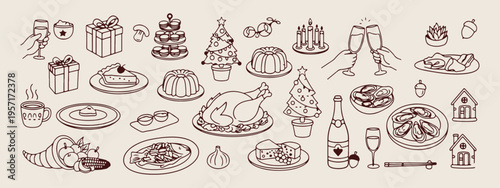  Winter feast food, christmas turkey dinner, holiday dessert table, festive celebration meal, traditional winter food, christmas cake sweets, holiday banquet illustration.