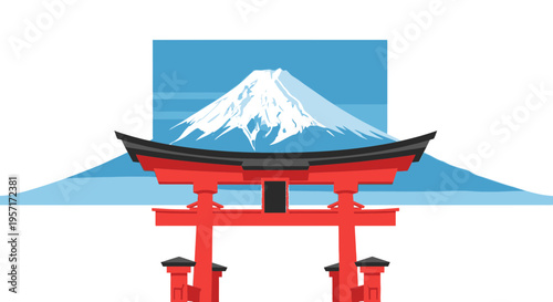 Illustration of a traditional Japanese torii gate with Mount Fuji in the background.