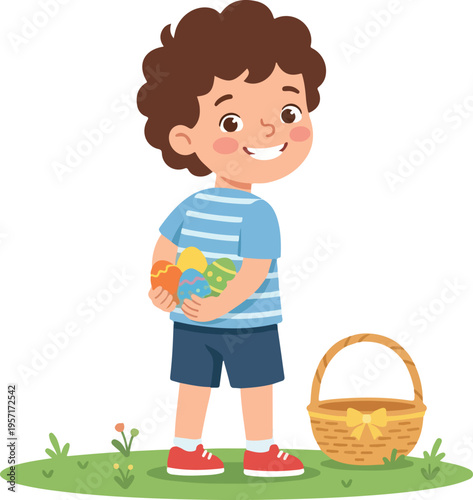 vector child standing hiding easter eggs behind his body