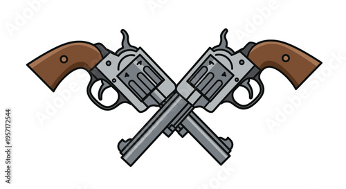 Two crossed revolvers with wooden grips and metal barrels.