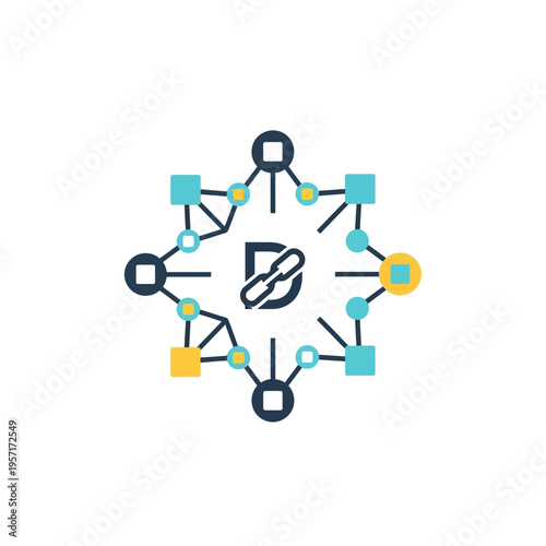 Abstract network diagram with interconnected nodes and a central chain link icon.