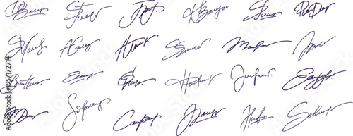 Handwritten signature. Fake name autograph sign pen drawing for certificate, business document or personal symbol. Contract sample artist doodle signatures isolated vector set