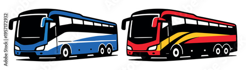 Two stylized tour buses representing diverse public transportation options for journey, vacation, and passenger commuting