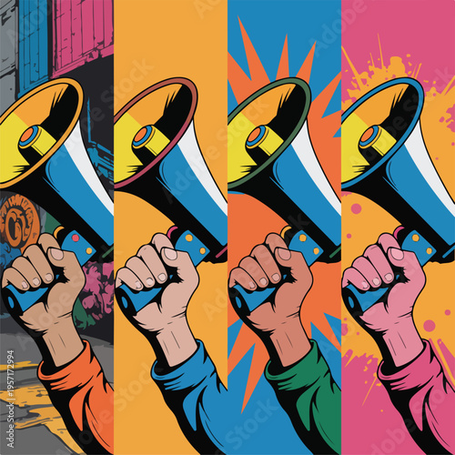 Four fists holding megaphones in different colored sleeves hands colorful sleeves