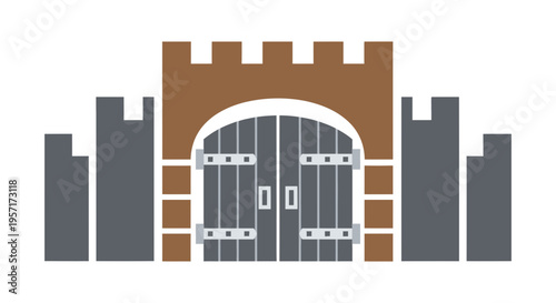 Illustration of a castle entrance with a gate and surrounding walls.
