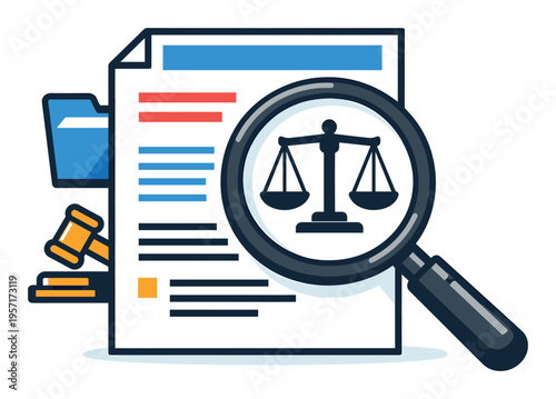 Files, gavel, and scales of justice icon under a magnifying glass, representing legal research and court proceedings