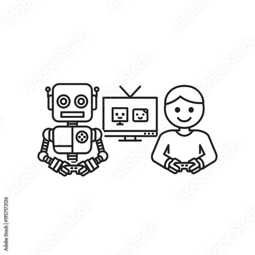 Robot and person playing video games together with a TV screen.