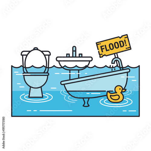 Flooded bathroom with toilet, sink, boat, and rubber duck.