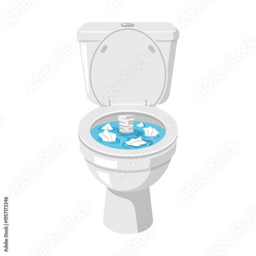 Toilet bowl filled with water and crumpled paper pieces.