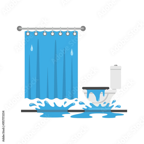 Toilet with a blue shower curtain and water splashing on the floor