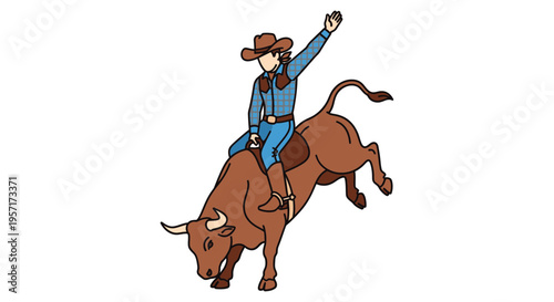 Cartoon cowboy riding a bucking bull with a hat and lasso.