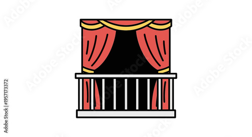 Illustration of a stage with red curtains and a black backdrop.
