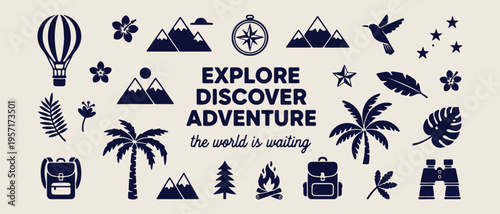 Explore discover adventure, world is waiting, mountain travel quote, wanderlust outdoor camping, nature exploration typography, adventure travel badges, outdoor hiking inspiration.