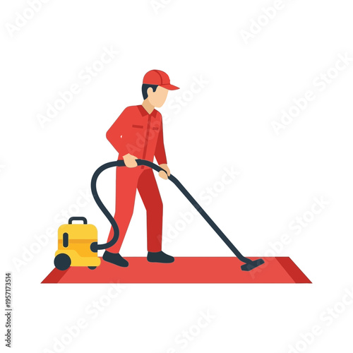 Person vacuuming carpet with a yellow vacuum cleaner and red uniform.