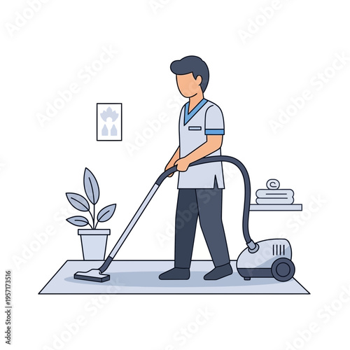 Person vacuuming carpet in a room with a potted plant and framed picture.