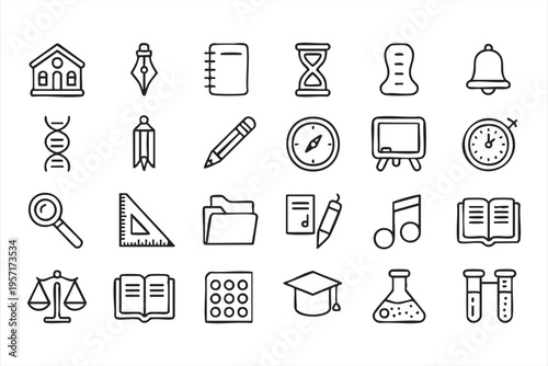 School and University Outline Icons with Books Science and Math Symbols