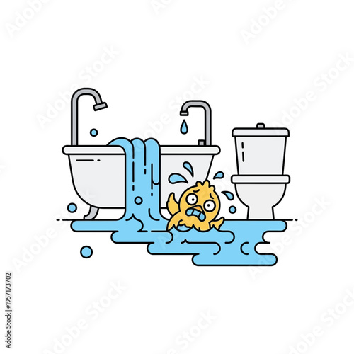 Cartoon of a flooded bathroom with a distressed dog in water near the toilet.
